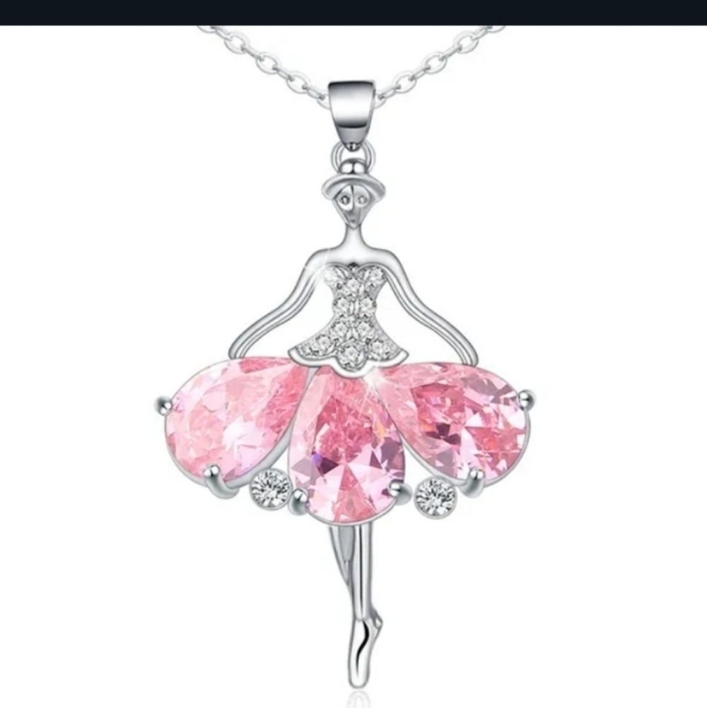 Pink White Rhinestone Silvertone Ballerina Necklace